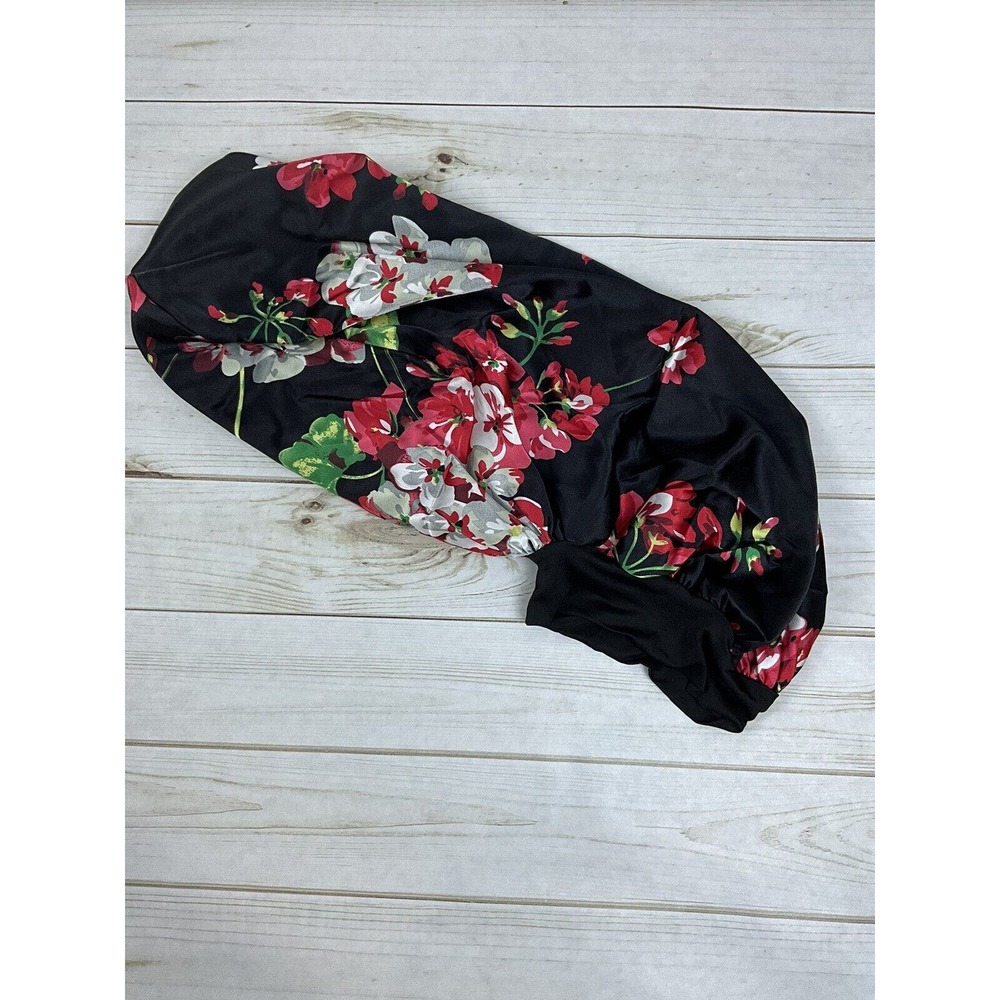 Long Satin Sleep Cap Black Floral‎ - NEW